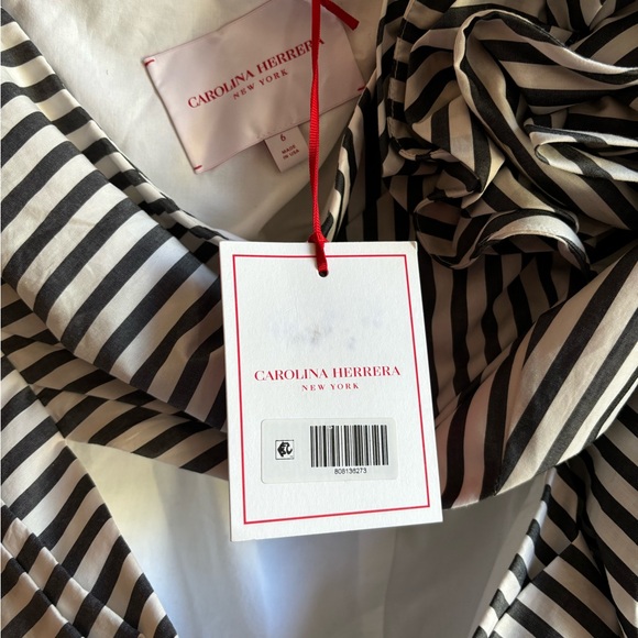 NWT Carolina Herrera Striped Rosette One-Shoulder Cutout Midi Dress - Picture 9 of 14